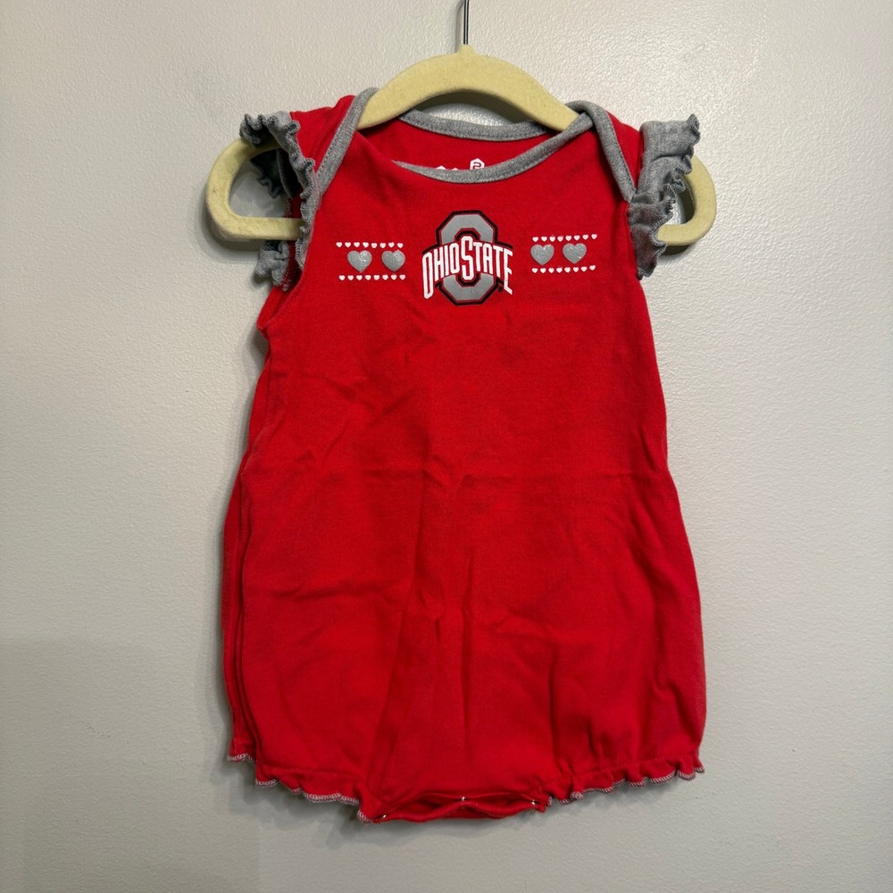 Gen2 Ohio State Buckeyes Baby Girl Ruffle Bubble Romper Red Gray 18M